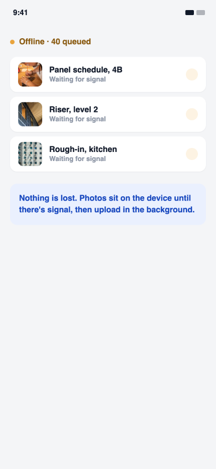 The Snapline upload queue, holding photos until the device has signal
