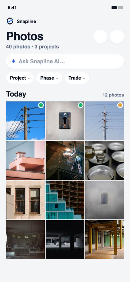 The Snapline photo library, with every job-site photo already filed by project, trade and phase